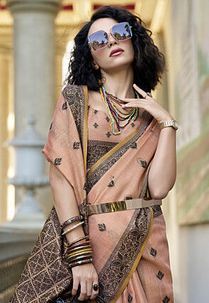 Woven Linen Cotton Saree in Peach