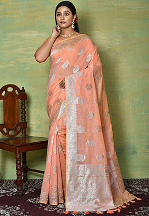 Woven Linen Cotton Saree in Peach