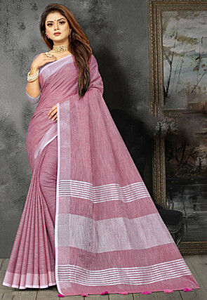 Woven Linen Cotton Saree in Pink