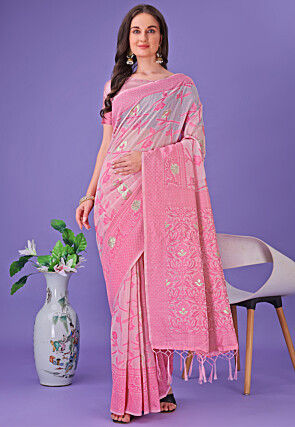 Woven Linen Cotton Saree in Pink