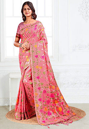 Woven Linen Cotton Saree in Pink