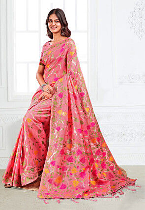 Woven Linen Cotton Saree in Pink