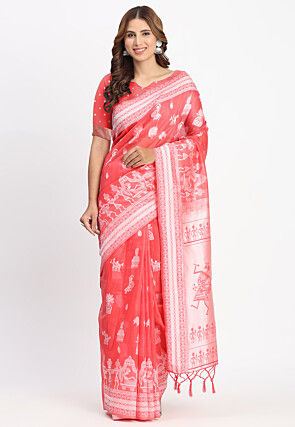 Woven Linen Cotton Saree in Red