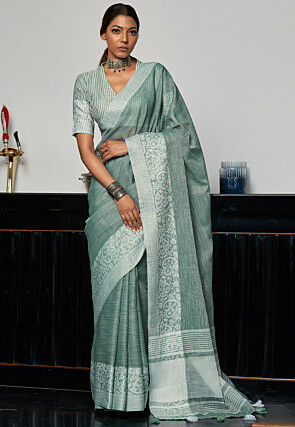 Woven Linen Cotton Saree in Sea Green