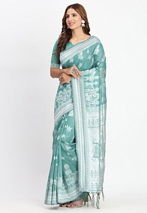 Woven Linen Cotton Saree in Sea Green