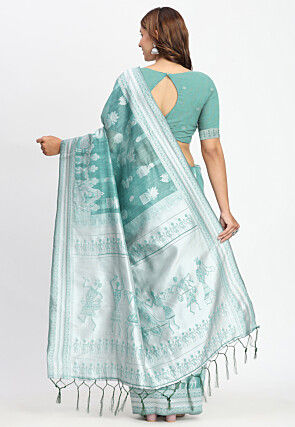 Woven Linen Cotton Saree in Sea Green