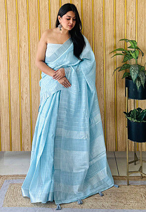 Woven Linen Cotton Saree in Sky Blue