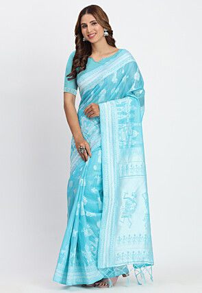 Woven Linen Cotton Saree in Sky Blue