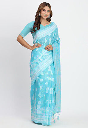 Woven Linen Cotton Saree in Sky Blue