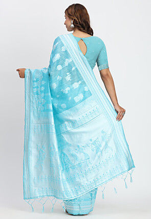 Woven Linen Cotton Saree in Sky Blue