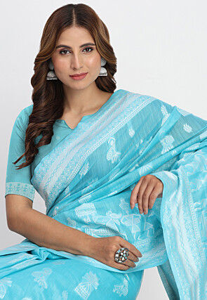 Woven Linen Cotton Saree in Sky Blue