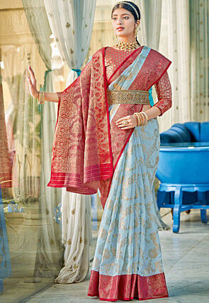 Woven Linen Cotton Saree in Sky Blue