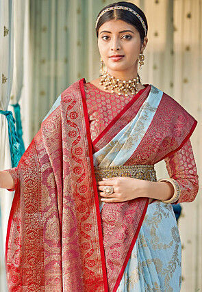 Woven Linen Cotton Saree in Sky Blue