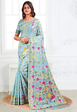 Woven Linen Cotton Saree in Sky Blue