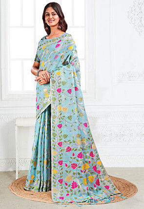 Woven Linen Cotton Saree in Sky Blue