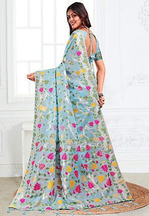 Woven Linen Cotton Saree in Sky Blue