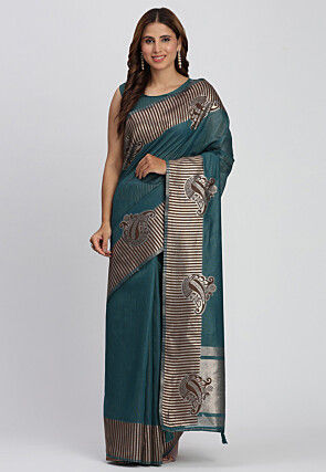 Woven Linen Cotton Saree in Teal Blue