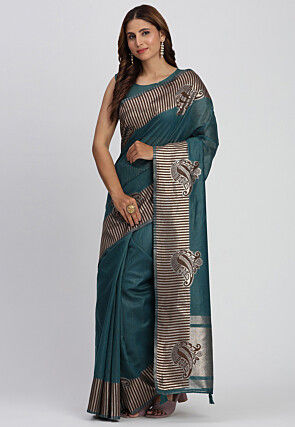 Woven Linen Cotton Saree in Teal Blue