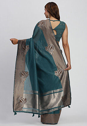 Woven Linen Cotton Saree in Teal Blue