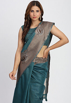 Woven Linen Cotton Saree in Teal Blue