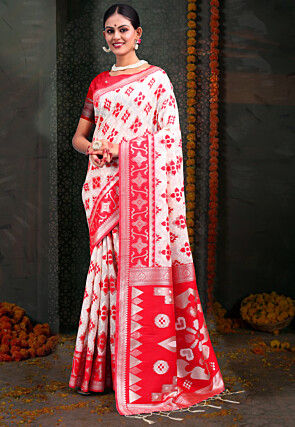 Woven Linen Cotton Saree in White