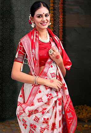 Woven Linen Cotton Saree in White