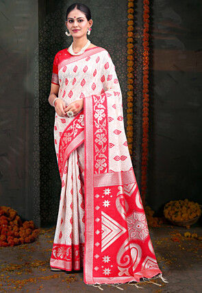 Woven Linen Cotton Saree in White