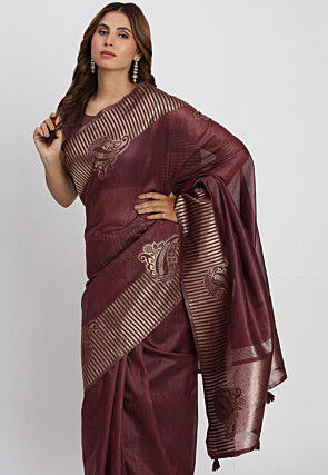 Woven Linen Cotton Saree in Wine