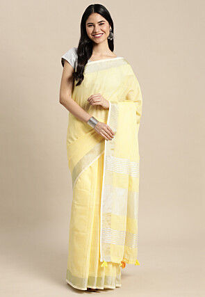Woven Linen Cotton Saree in Yellow