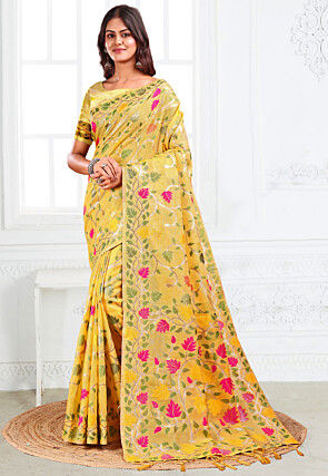 Woven Linen Cotton Saree in Yellow
