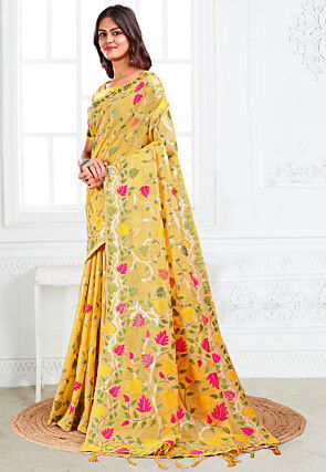 Woven Linen Cotton Saree in Yellow
