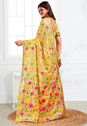 Woven Linen Cotton Saree in Yellow