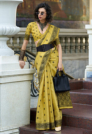 Woven Linen Cotton Saree in Yellow