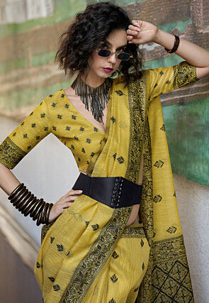 Woven Linen Cotton Saree in Yellow