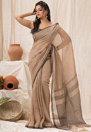 Woven Linen Saree in Beige