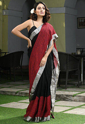 Woven Linen Saree in Black