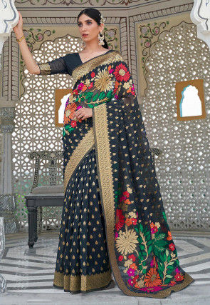 Woven Linen Saree in Black