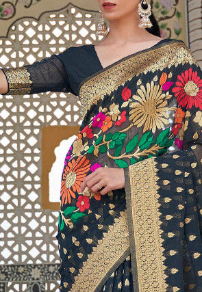 Woven Linen Saree in Black