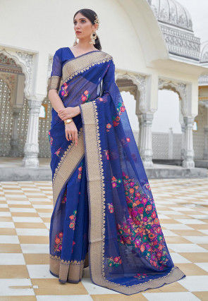 Woven Linen Saree in Blue