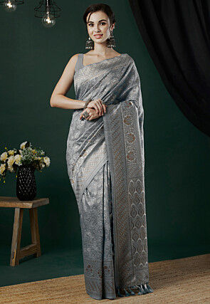Woven Linen Saree in Grey