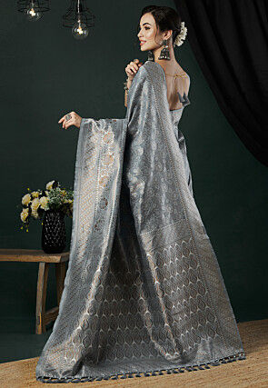 Woven Linen Saree in Grey
