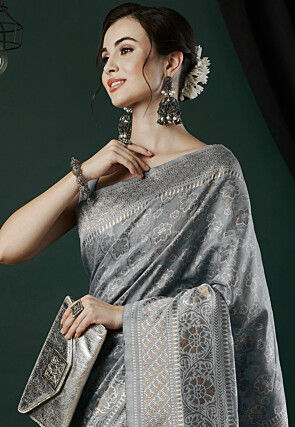 Woven Linen Saree in Grey