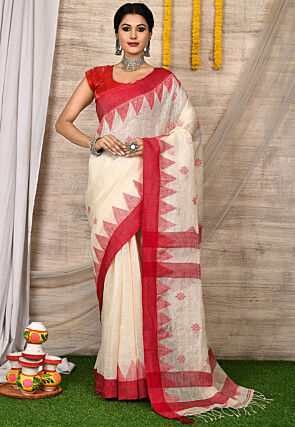 Woven Linen Saree in Cream