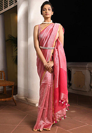 Woven Linen Saree in Fuchsia