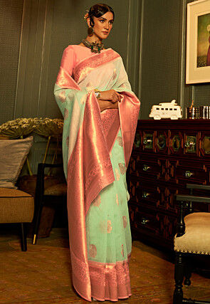 Woven Linen Saree in Green