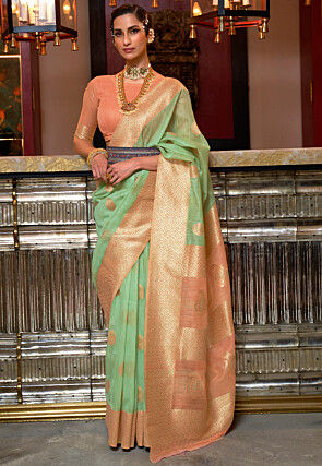 Woven Linen Saree in Green