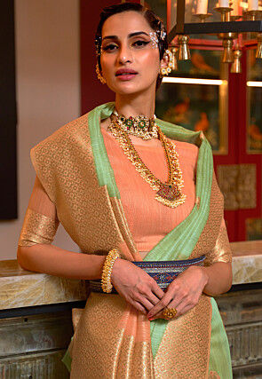 Woven Linen Saree in Green