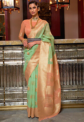 Woven Linen Saree in Green