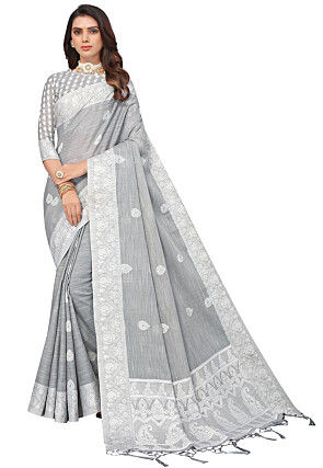 Woven Linen Saree in Grey