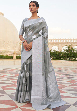 Woven Linen Saree in Grey